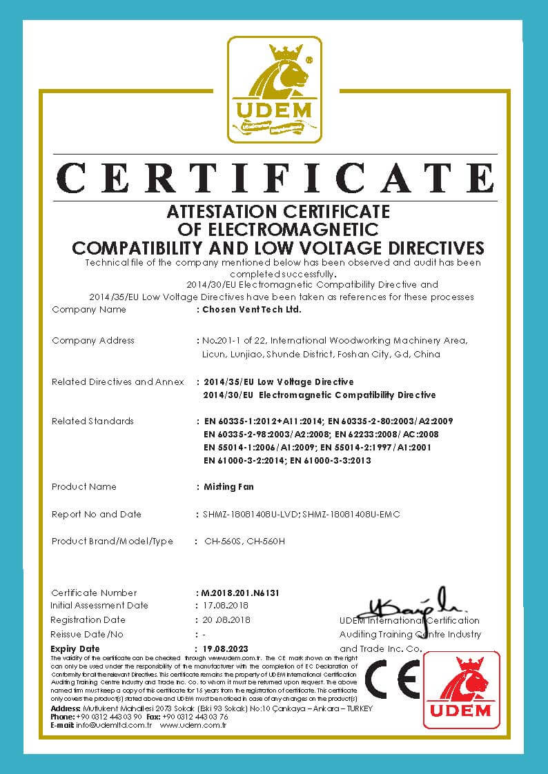 CHOSEN Industrial Mist Fan-CE-Certification